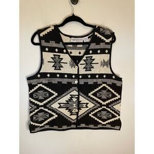 Bedford Fair Lifestyles Black and Cream Aztec Print Vest Size Large 100% Cotton
